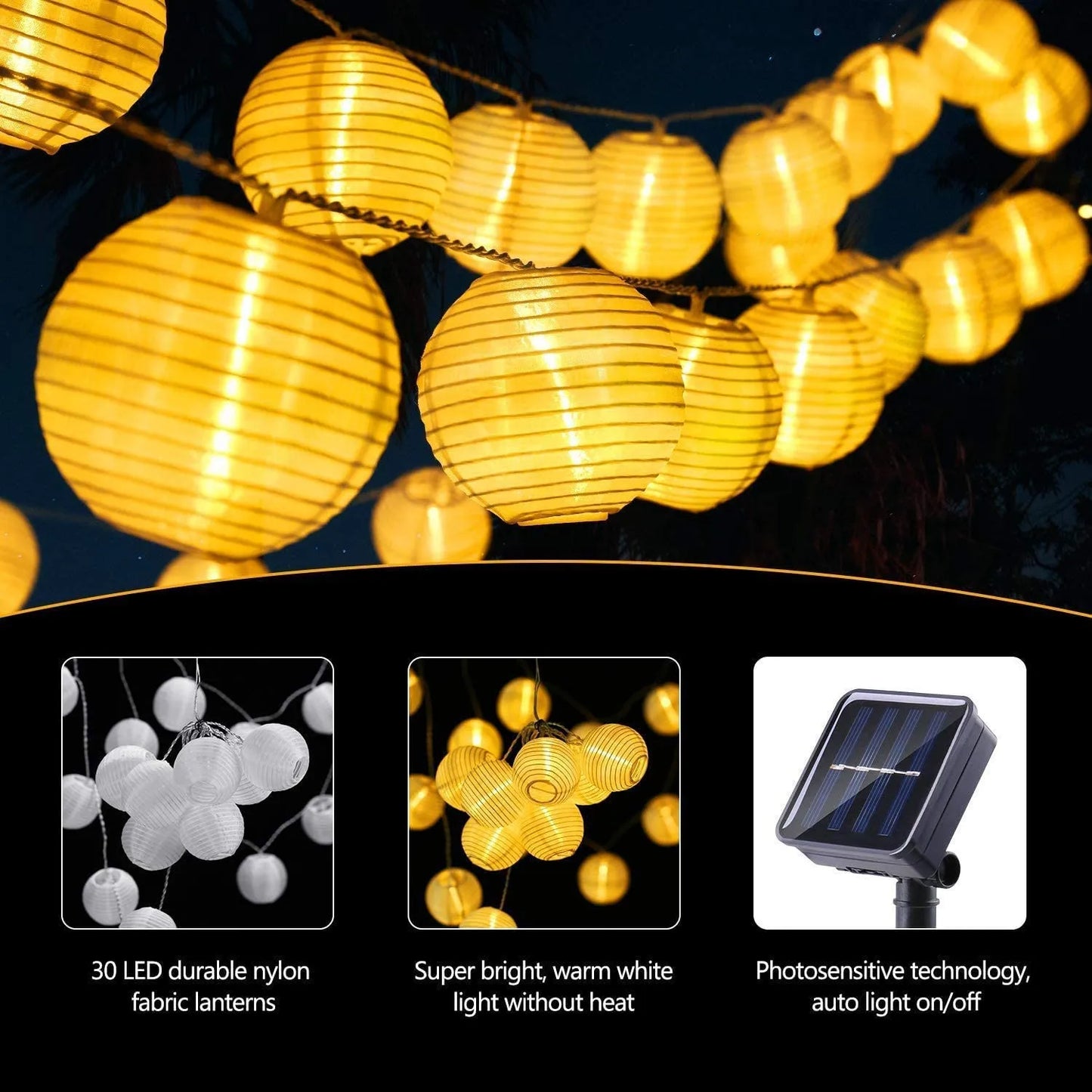 Solar Lantern String Lights, Waterproof Outdoor LED, Patio Garden Decor, Fairy Light Garland for Wedding, Party
