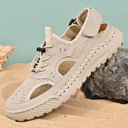 Men's Summer Leather Toe Cap Sandals, Outdoor Sports Tide Style, Handmade Hollow Mesh Beach Shoes