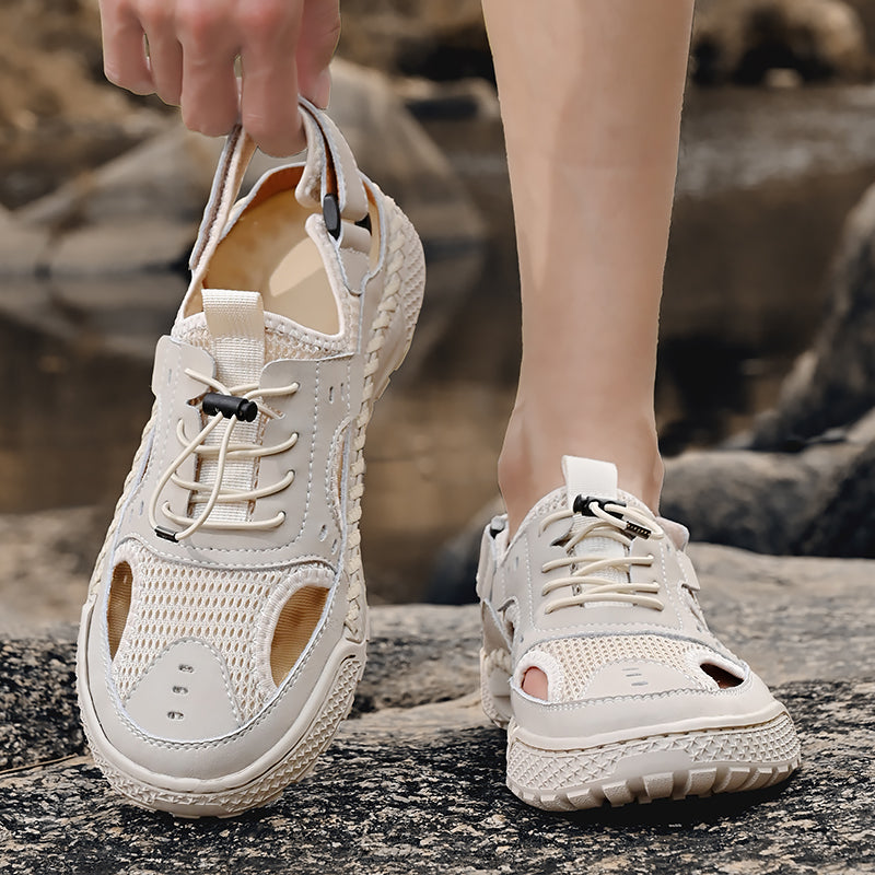 Men's Summer Leather Toe Cap Sandals, Outdoor Sports Tide Style, Handmade Hollow Mesh Beach Shoes
