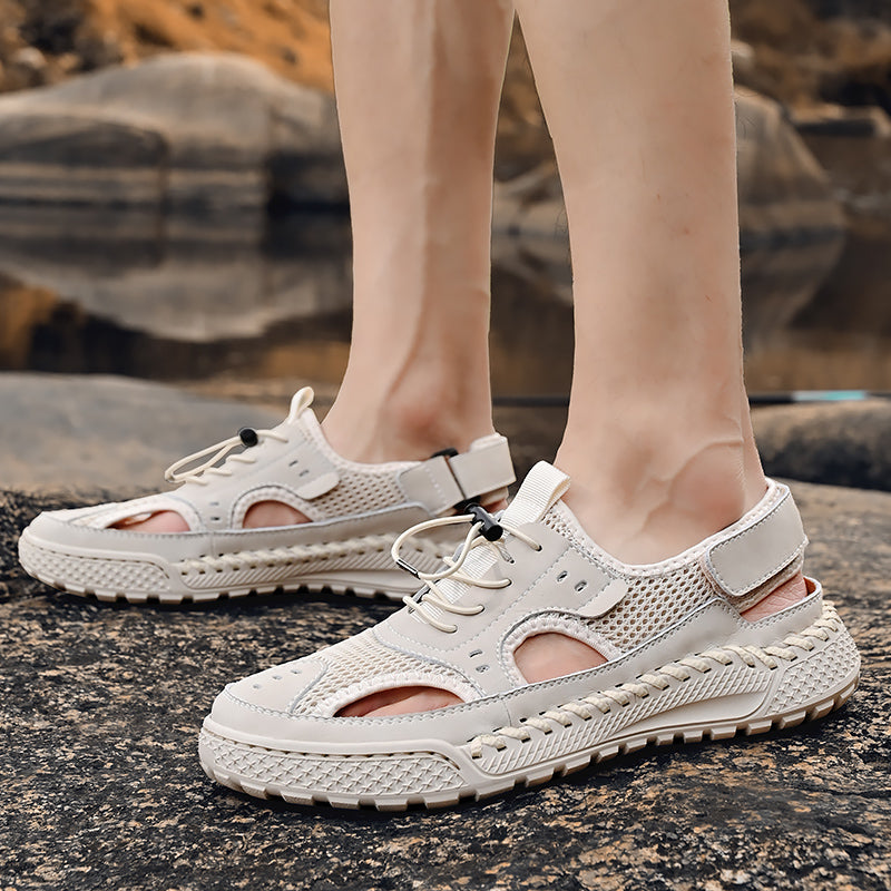 Men's Summer Leather Toe Cap Sandals, Outdoor Sports Tide Style, Handmade Hollow Mesh Beach Shoes