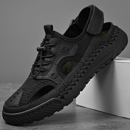Men's Summer Leather Toe Cap Sandals, Outdoor Sports Tide Style, Handmade Hollow Mesh Beach Shoes