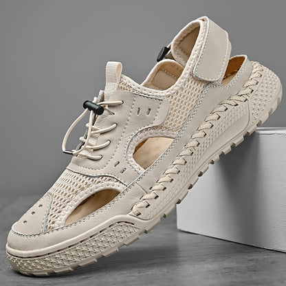 Men's Summer Leather Toe Cap Sandals, Outdoor Sports Tide Style, Handmade Hollow Mesh Beach Shoes