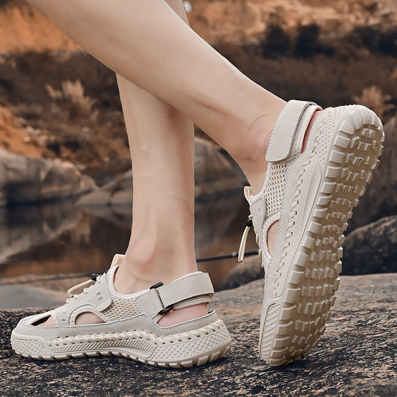 Men's Summer Leather Toe Cap Sandals, Outdoor Sports Tide Style, Handmade Hollow Mesh Beach Shoes