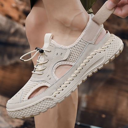Men's Summer Leather Toe Cap Sandals, Outdoor Sports Tide Style, Handmade Hollow Mesh Beach Shoes