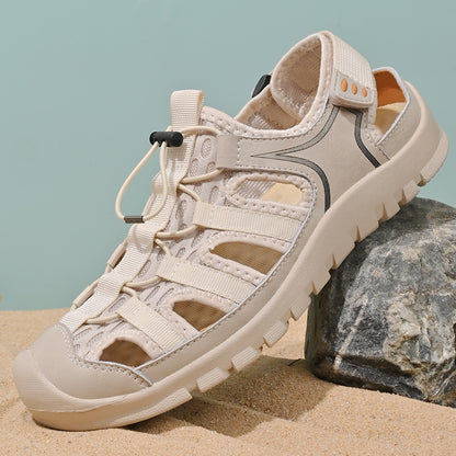 Men's Summer Leather Toe Cap Sandals, Outdoor Sports Tide Style, Handmade Hollow Mesh Beach Shoes