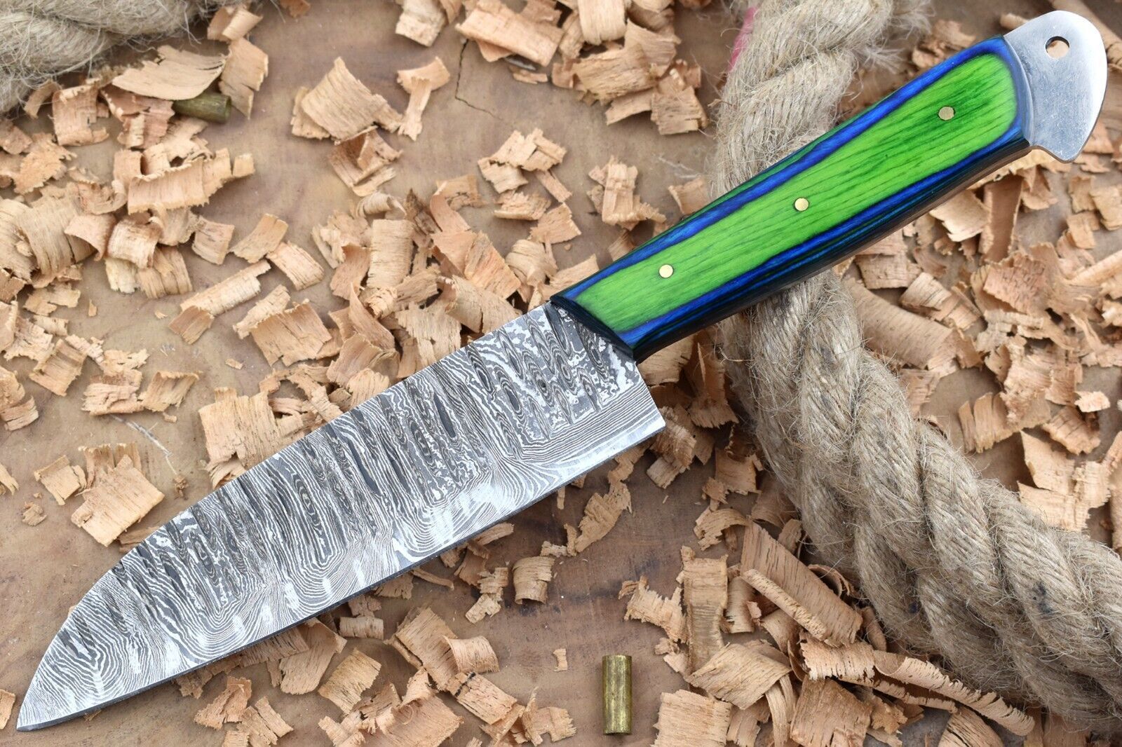 Custom Handmade Forged Damascus Steel Kitchen Chef Knife with Blue & Green Dollar Thappa Handle