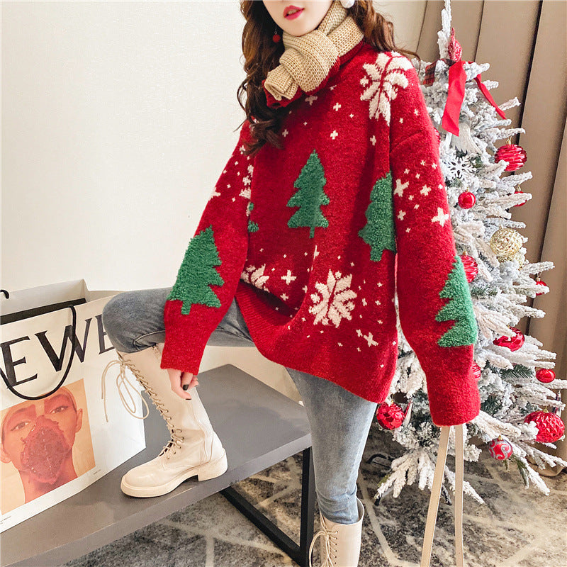 Christmas Sweater for Women, Autumn Winter Loose Fit Top, Thickened Snowflake Hoodie Color Blocked Round Neck Lazy Style
