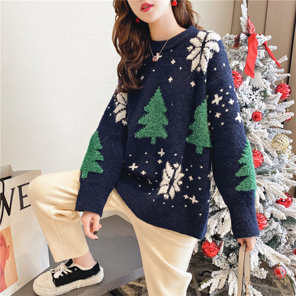 Christmas Sweater for Women, Autumn Winter Loose Fit Top, Thickened Snowflake Hoodie Color Blocked Round Neck Lazy Style