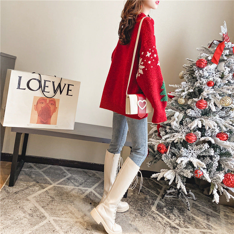 Christmas Sweater for Women, Autumn Winter Loose Fit Top, Thickened Snowflake Hoodie Color Blocked Round Neck Lazy Style