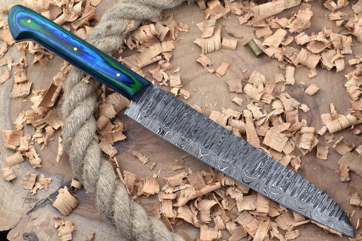 Custom Handmade Forged Damascus Steel Kitchen Chef Knife With Blue  Green Dollar Handle 1