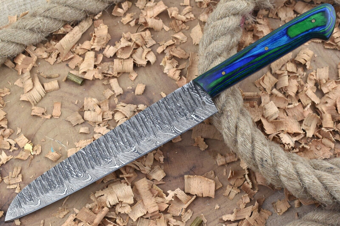 Custom Handmade Forged Damascus Steel Kitchen Chef Knife With Blue  Green Dollar Handle 4