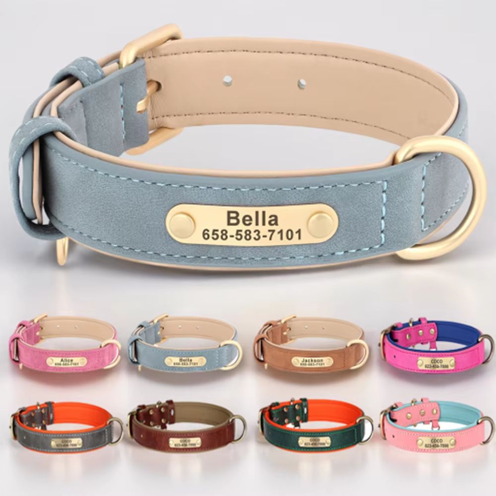 Custom Engraved PU Leather Dog Collar with Personalized ID Nameplate