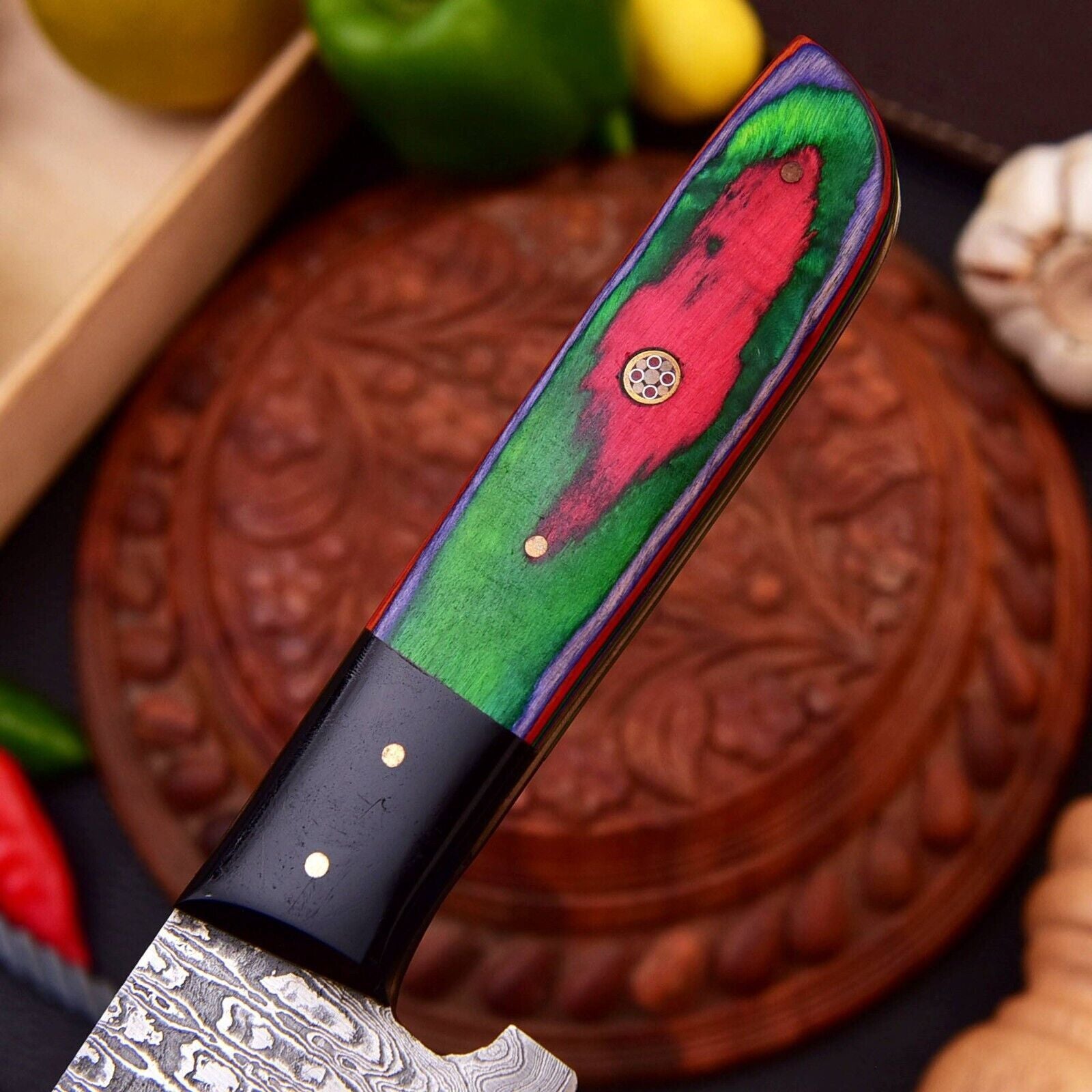 Handcrafted Damascus Steel Hunting Knife  Wooden Handle  Leather Sheath 2