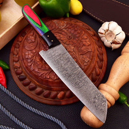 Handcrafted Damascus Steel Hunting Knife  Wooden Handle  Leather Sheath 3