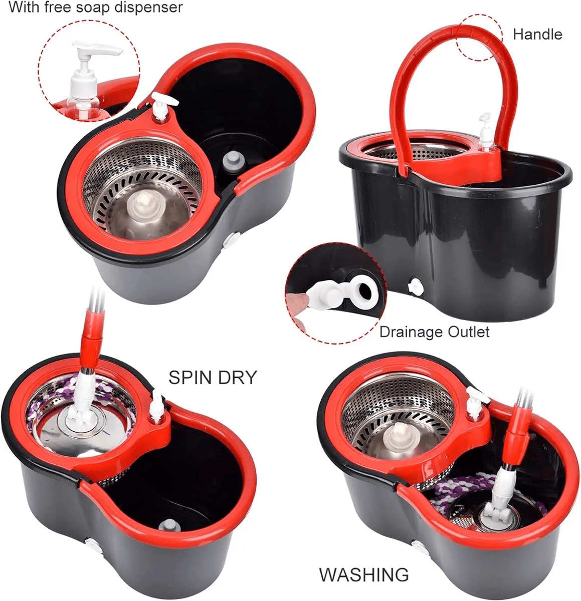 AquaSpin 360 Stainless Steel Spin Mop And Bucket Set With 3 Microfiber Heads 3