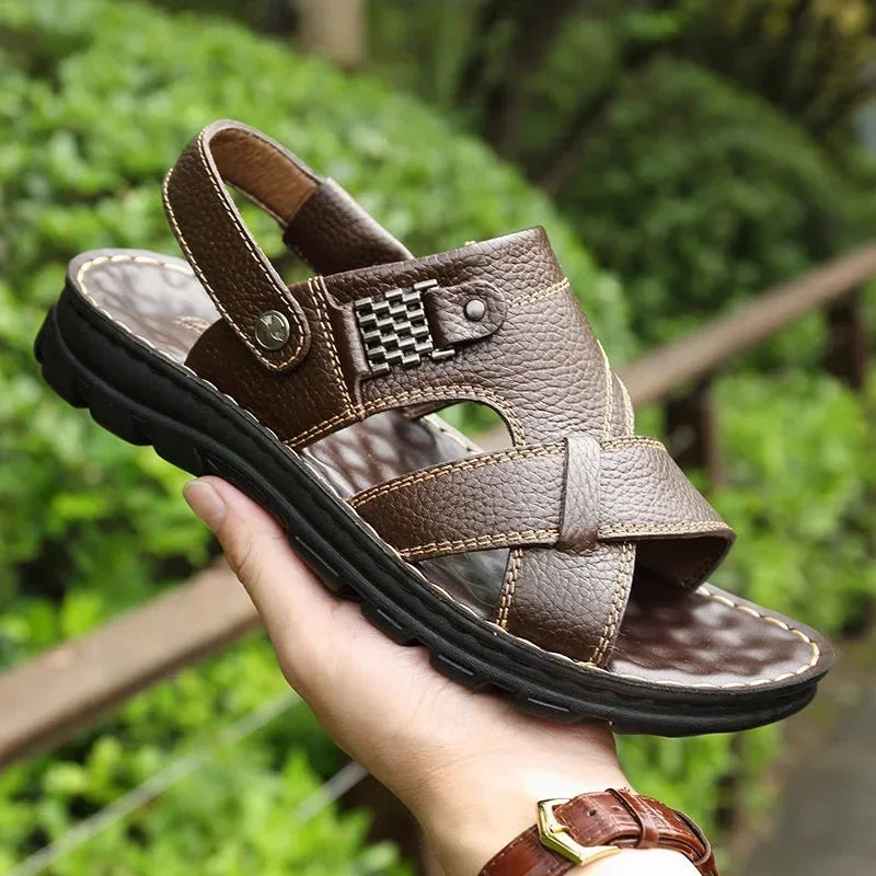 Comfortable Mens Leather Sandals, Soft Thick Sole, Non Slip Summer Outdoor Beach Shoes