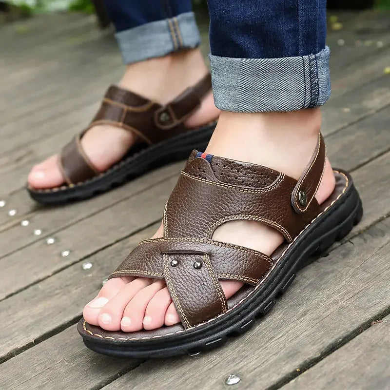 Comfortable Mens Leather Sandals, Soft Thick Sole, Non Slip Summer Outdoor Beach Shoes