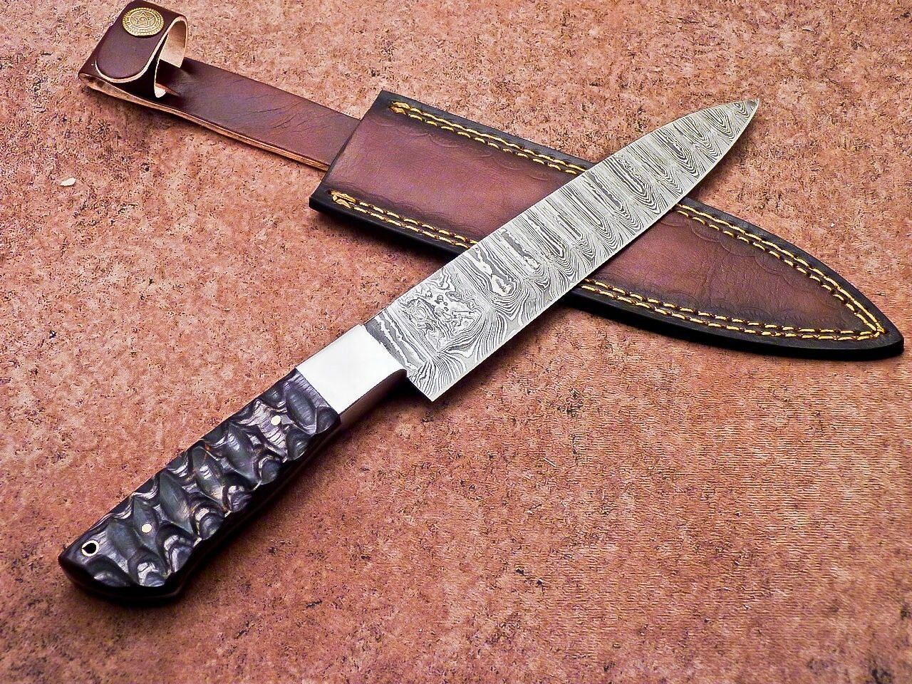 Authentic Damascus Steel Kitchen Knife  Handmade Wood Handle  Sheath 1