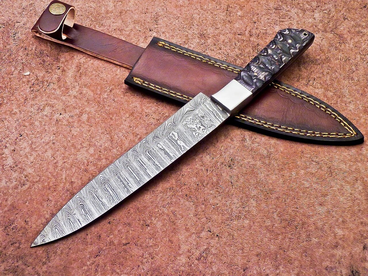Authentic Damascus Steel Kitchen Knife  Handmade Wood Handle  Sheath 2
