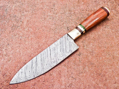 Rustic Handmade Damascus Knife – Wood Handle for Hunting & Survival