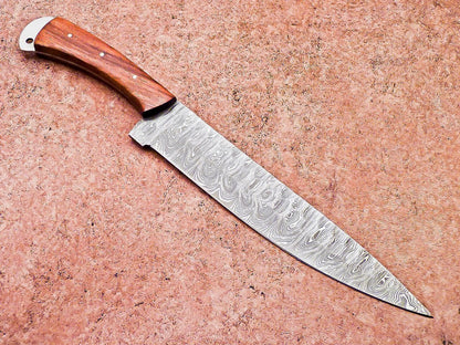 Custom Forged Damascus Steel Chef Knife  Wood Handle  Leather Case 3