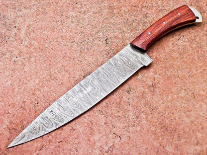 Custom Forged Damascus Steel Chef Knife – Wood Handle & Leather Case