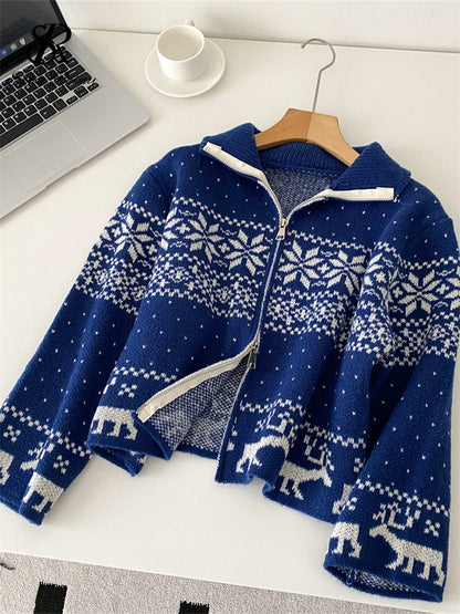 Trendy Streetwear Coat, Casual Sweater Short Cardigan for Ladies, Lapel Neck Zipper Print, Autumn and Christmas Style