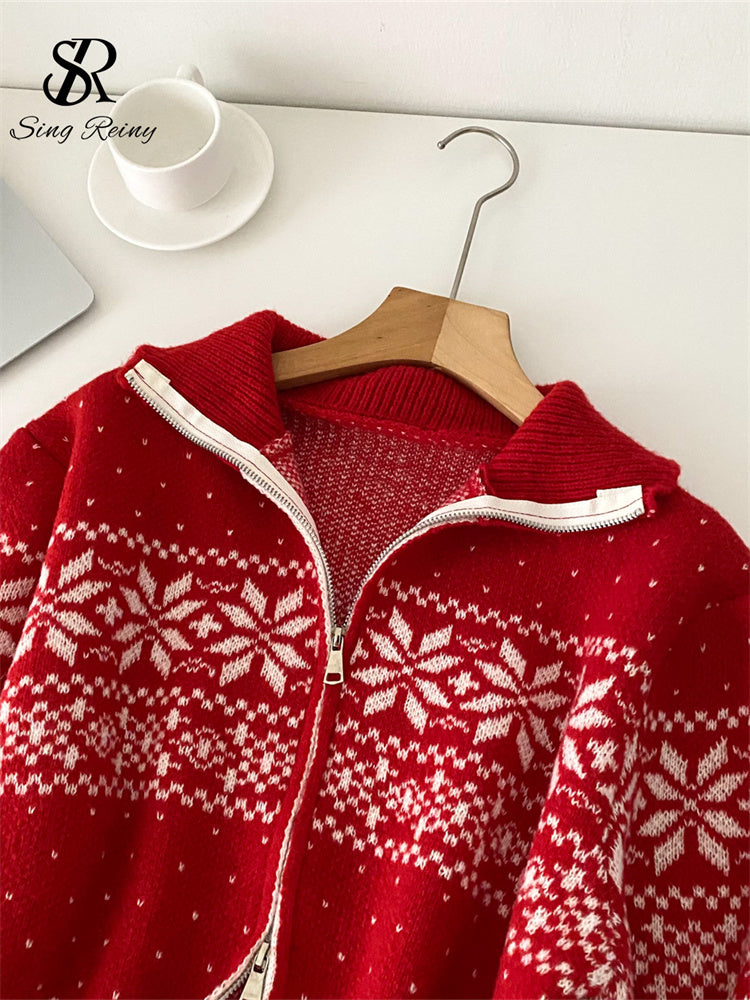 Trendy Streetwear Coat, Casual Sweater Short Cardigan for Ladies, Lapel Neck Zipper Print, Autumn and Christmas Style