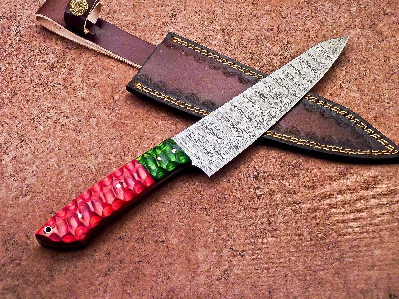 High Carbon Damascus Steel Chef Knife  Wood Handle  Leather Case 1