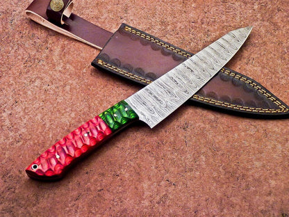 High Carbon Damascus Steel Chef Knife  Wood Handle  Leather Case 1