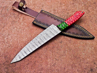 High Carbon Damascus Steel Chef Knife  Wood Handle  Leather Case 2
