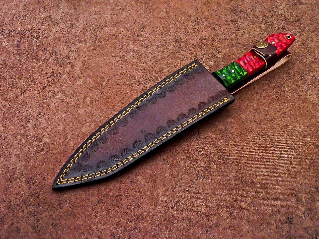 High Carbon Damascus Steel Chef Knife  Wood Handle  Leather Case 3