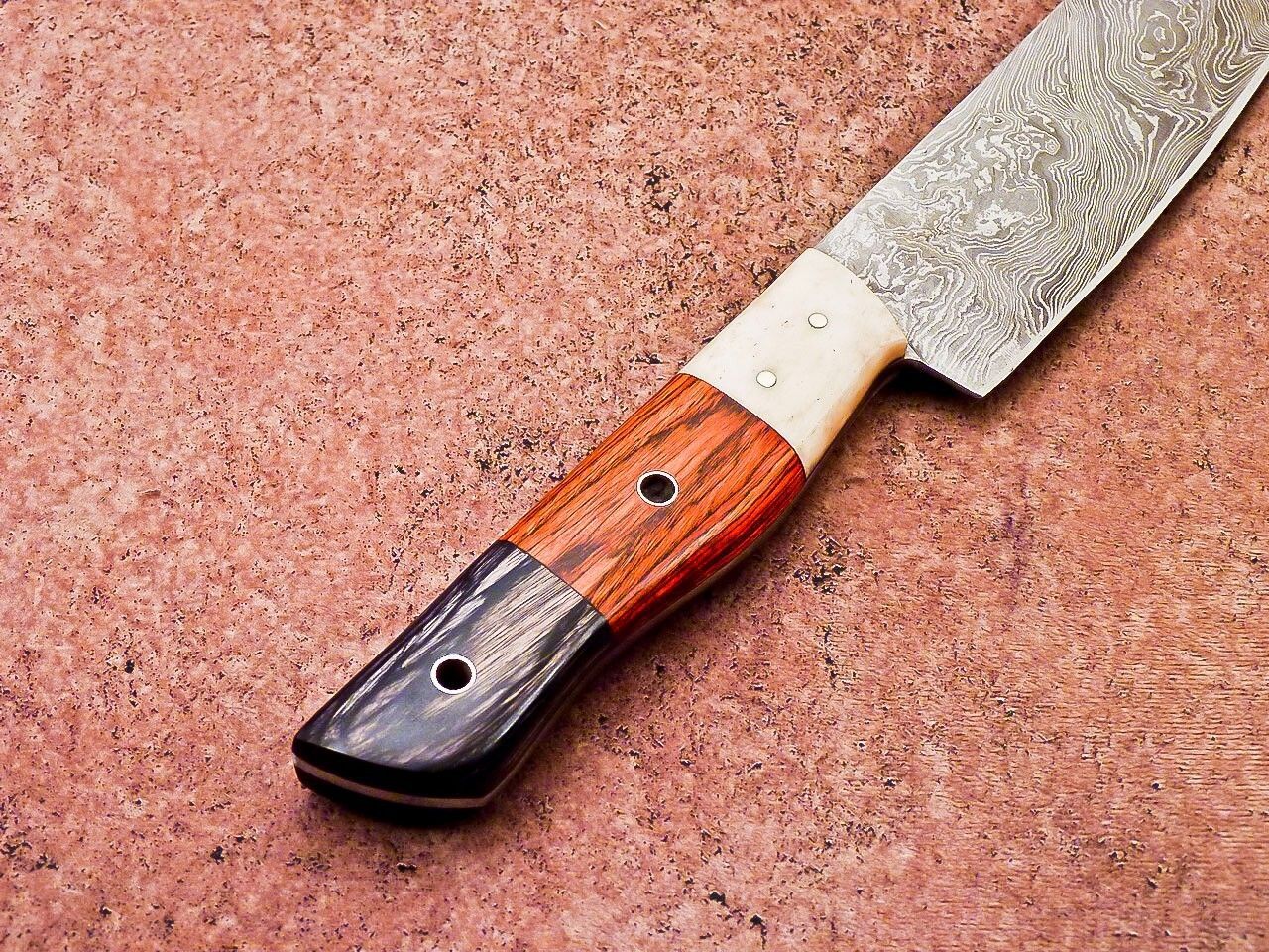 Handmade Damascus Steel Outdoor Knife  Wooden Handle  Leather Sheath 1