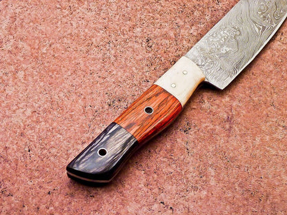 Handmade Damascus Steel Outdoor Knife  Wooden Handle  Leather Sheath 1