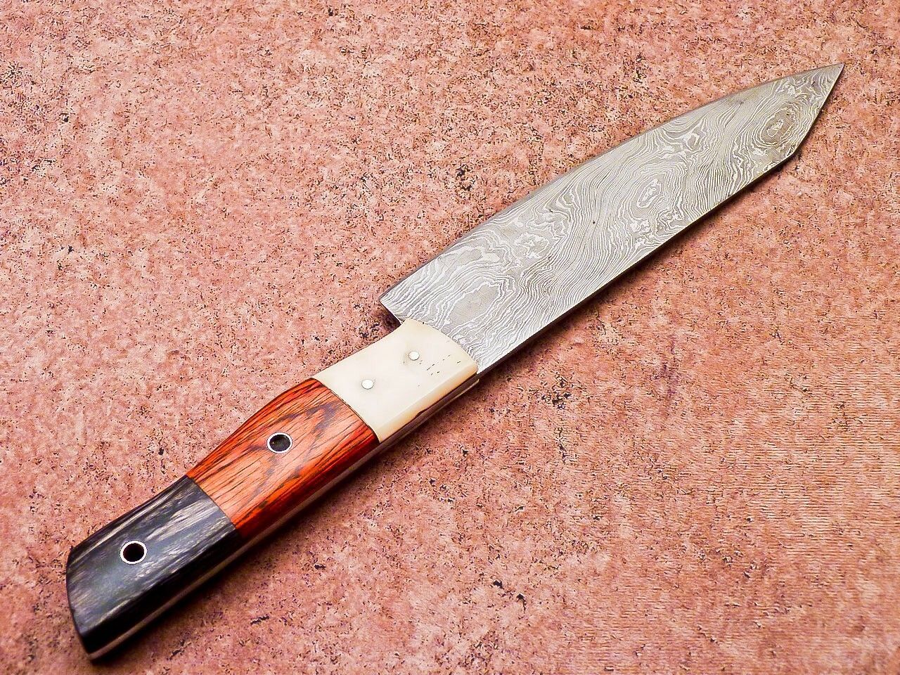 Handmade Damascus Steel Outdoor Knife  Wooden Handle  Leather Sheath 3