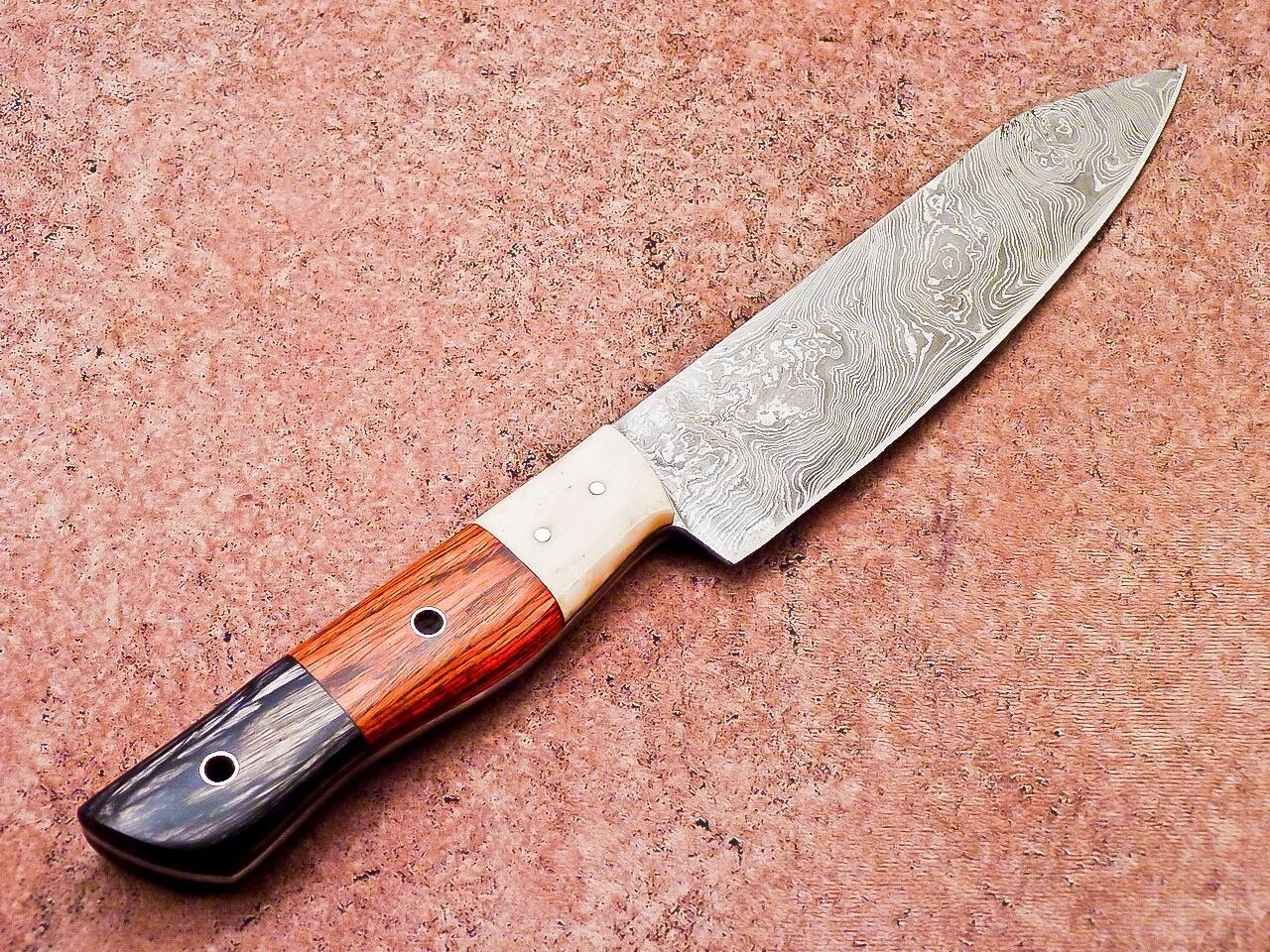 Handmade Damascus Steel Outdoor Knife  Wooden Handle  Leather Sheath 4