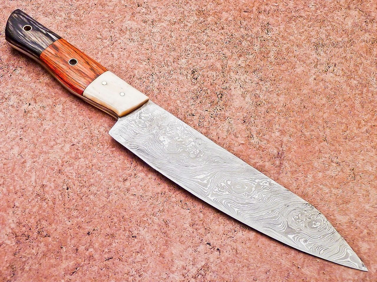 Handmade Damascus Steel Outdoor Knife  Wooden Handle  Leather Sheath 5