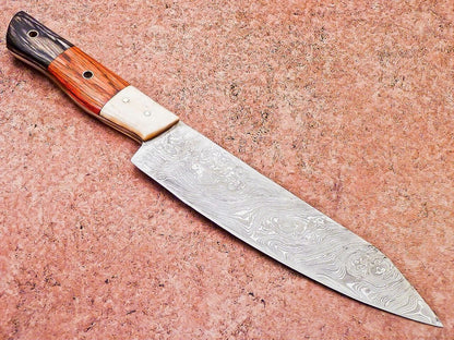 Handmade Damascus Steel Outdoor Knife  Wooden Handle  Leather Sheath 5