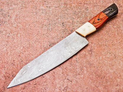 Handmade Damascus Steel Outdoor Knife – Wooden Handle & Leather Sheath