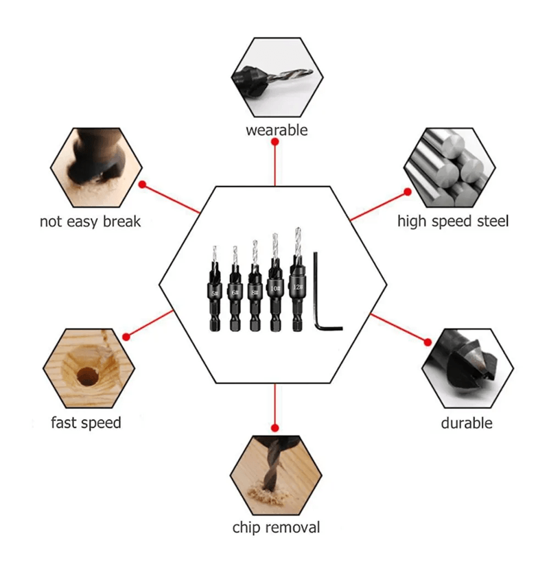 ProDrill 5 Piece Woodworking Countersink And Chamfer Drill Bit Set 4