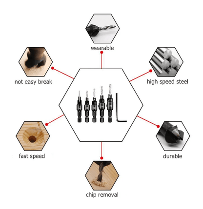 ProDrill 5 Piece Woodworking Countersink And Chamfer Drill Bit Set 4