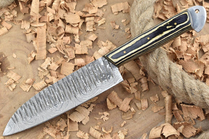 Custom Handmade Damascus Steel Kitchen Chef Knife with White & Black Resin Thappa Handle