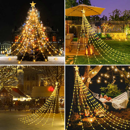 Solar Christmas Lights, Outdoor Star String Lights, Waterfall Fairy Lights for Tree and Wedding