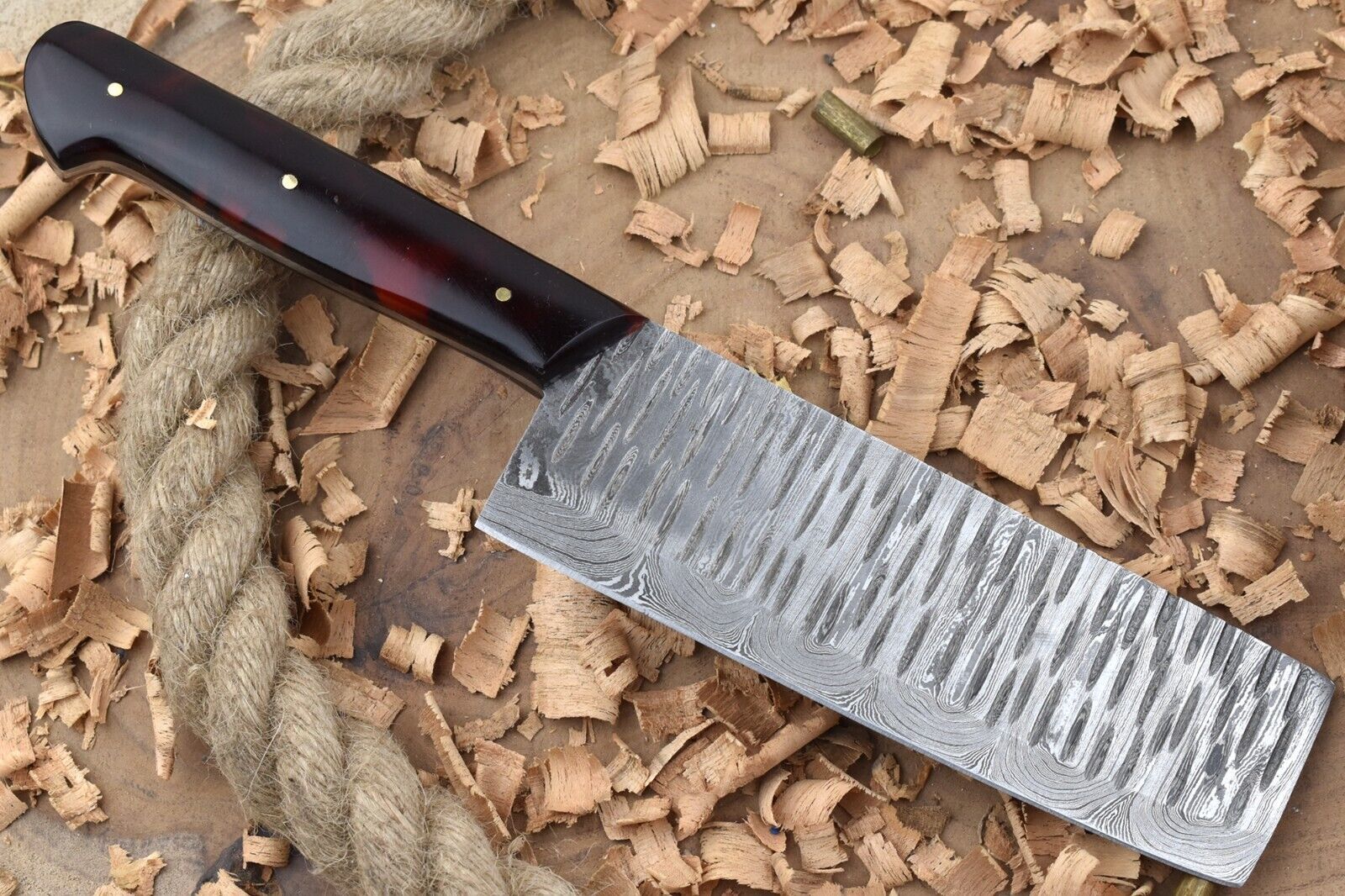 Handmade Damascus Steel Kitchen Chef Knife With Red  Black Resin Thappa Handle 1