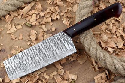 Handmade Damascus Steel Kitchen Chef Knife with Red & Black Resin Thappa Handle