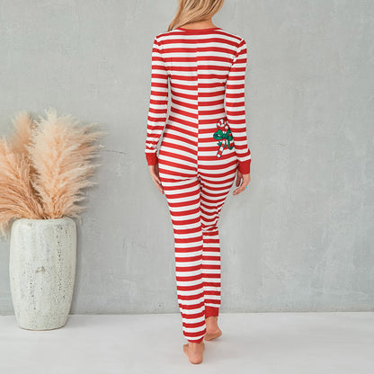 Sexy Christmas Pajamas for Women, Bodycon Romper Jumpsuit, Striped Print Loungewear, Long Sleeve Sleepwear Playsuit