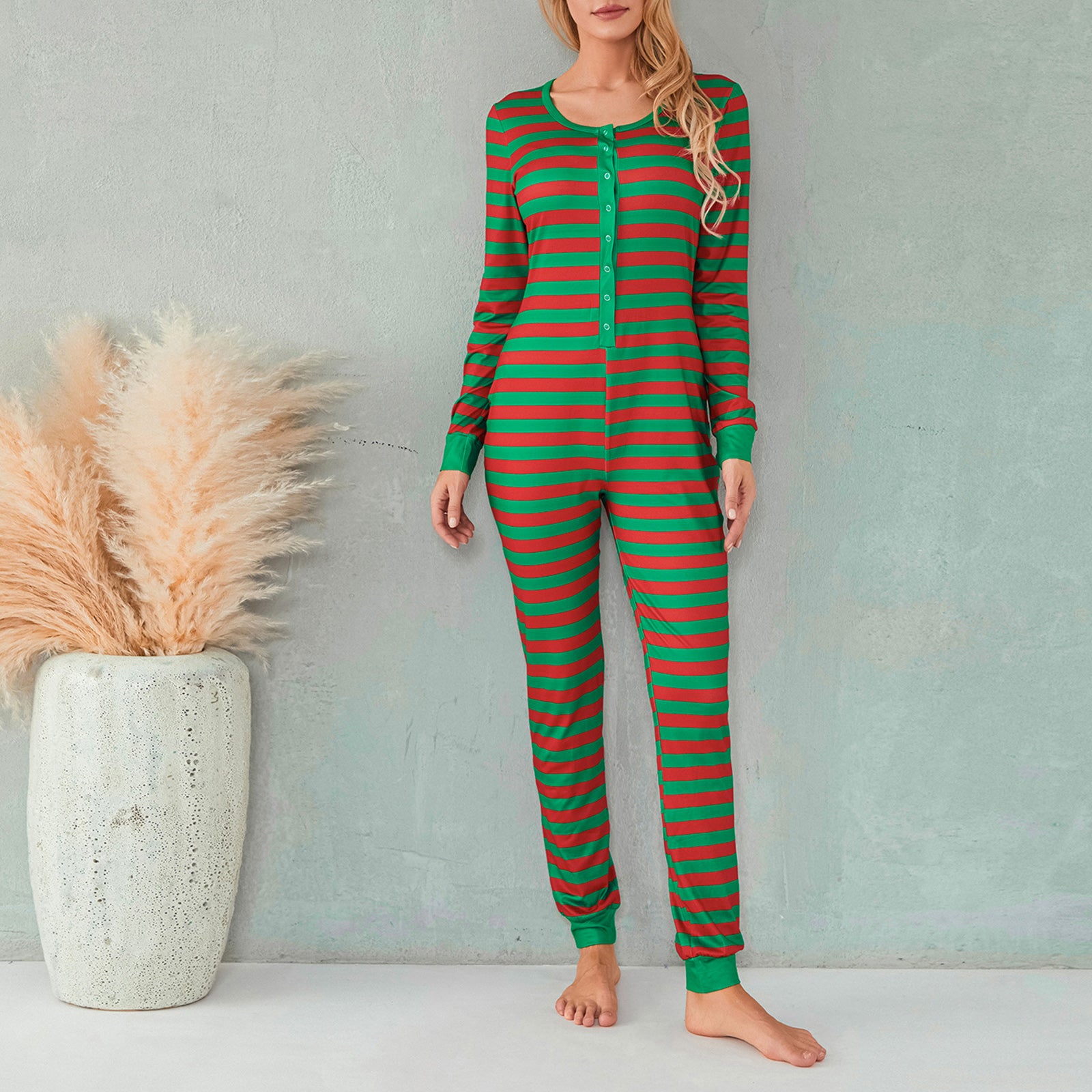 Sexy Christmas Pajamas for Women, Bodycon Romper Jumpsuit, Striped Print Loungewear, Long Sleeve Sleepwear Playsuit