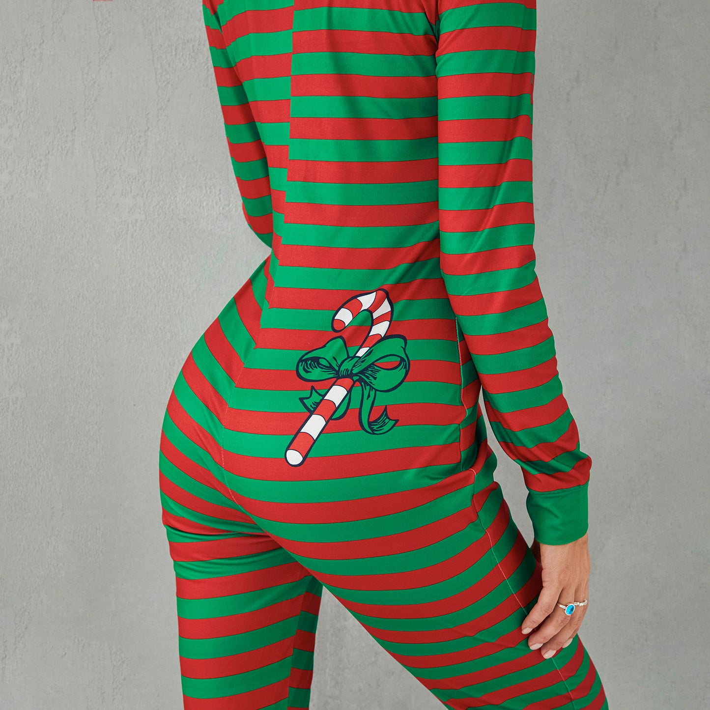 Sexy Christmas Pajamas for Women, Bodycon Romper Jumpsuit, Striped Print Loungewear, Long Sleeve Sleepwear Playsuit