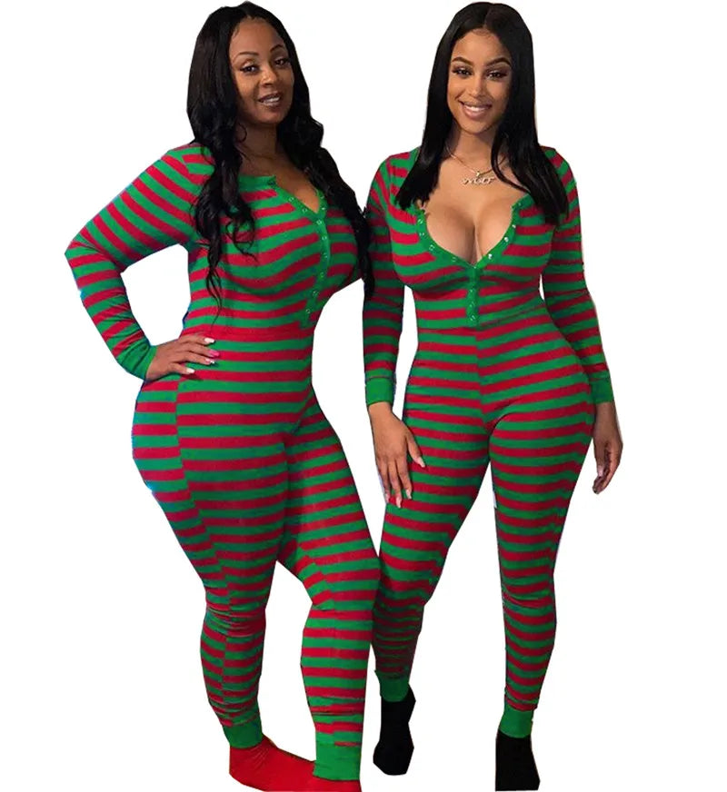Sexy Christmas Pajamas for Women, Bodycon Romper Jumpsuit, Striped Print Loungewear, Long Sleeve Sleepwear Playsuit