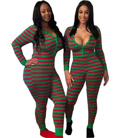 Sexy Christmas Pajamas for Women, Bodycon Romper Jumpsuit, Striped Print Loungewear, Long Sleeve Sleepwear Playsuit